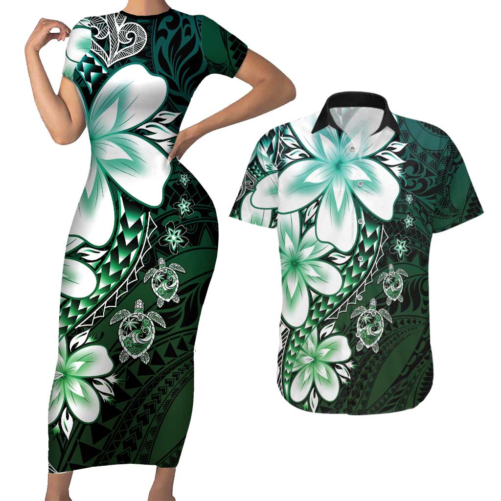 Polynesia Romantic Valentine Couples Matching Short Sleeve Bodycon Dress and Hawaiian Shirt Sea Turtle Couple With Aqua Gradient Plumeria LT05 Aqua - Polynesian Pride