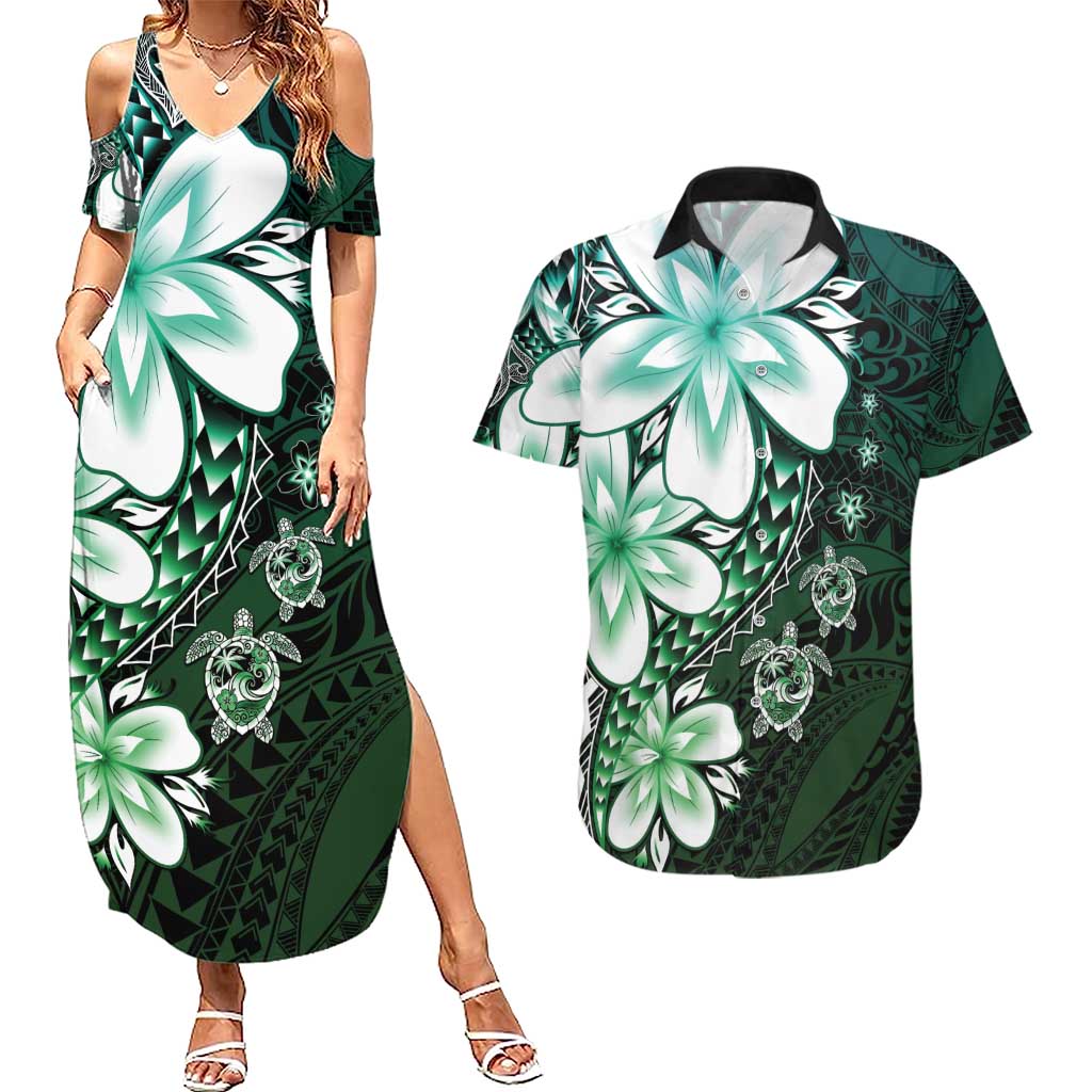 Polynesia Romantic Valentine Couples Matching Summer Maxi Dress and Hawaiian Shirt Sea Turtle Couple With Aqua Gradient Plumeria LT05 Aqua - Polynesian Pride