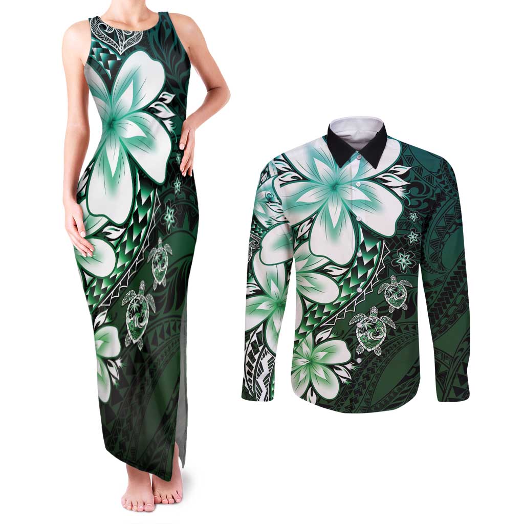 Polynesia Romantic Valentine Couples Matching Tank Maxi Dress and Long Sleeve Button Shirt Sea Turtle Couple With Aqua Gradient Plumeria
