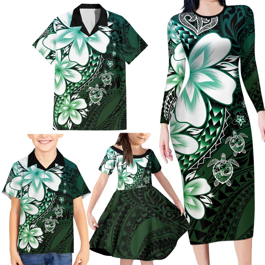 Polynesia Romantic Valentine Family Matching Long Sleeve Bodycon Dress and Hawaiian Shirt Sea Turtle Couple With Aqua Gradient Plumeria