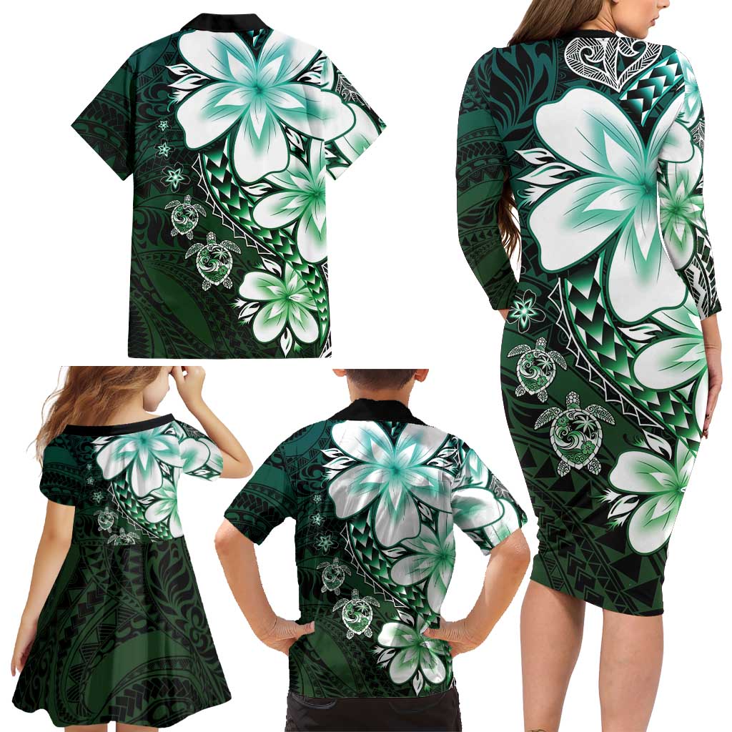 Polynesia Romantic Valentine Family Matching Long Sleeve Bodycon Dress and Hawaiian Shirt Sea Turtle Couple With Aqua Gradient Plumeria