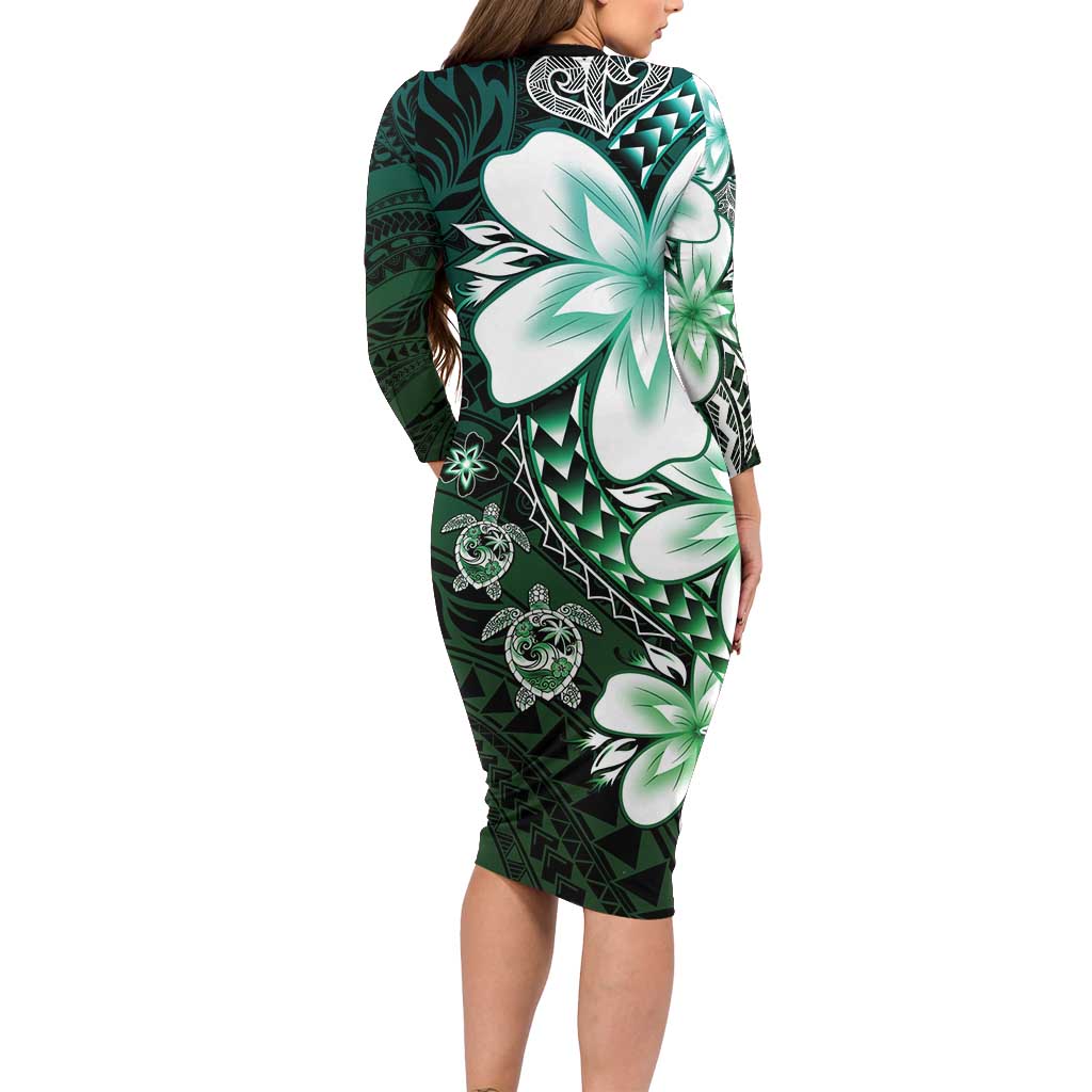 Polynesia Romantic Valentine Family Matching Long Sleeve Bodycon Dress and Hawaiian Shirt Sea Turtle Couple With Aqua Gradient Plumeria