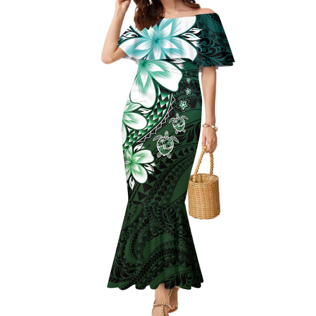 Polynesia Romantic Valentine Family Matching Mermaid Dress and Hawaiian Shirt Sea Turtle Couple With Aqua Gradient Plumeria
