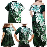 Polynesia Romantic Valentine Family Matching Off Shoulder Maxi Dress and Hawaiian Shirt Sea Turtle Couple With Aqua Gradient Plumeria