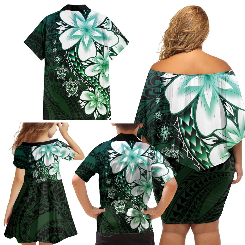 Polynesia Romantic Valentine Family Matching Off Shoulder Short Dress and Hawaiian Shirt Sea Turtle Couple With Aqua Gradient Plumeria