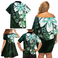 Polynesia Romantic Valentine Family Matching Off Shoulder Short Dress and Hawaiian Shirt Sea Turtle Couple With Aqua Gradient Plumeria
