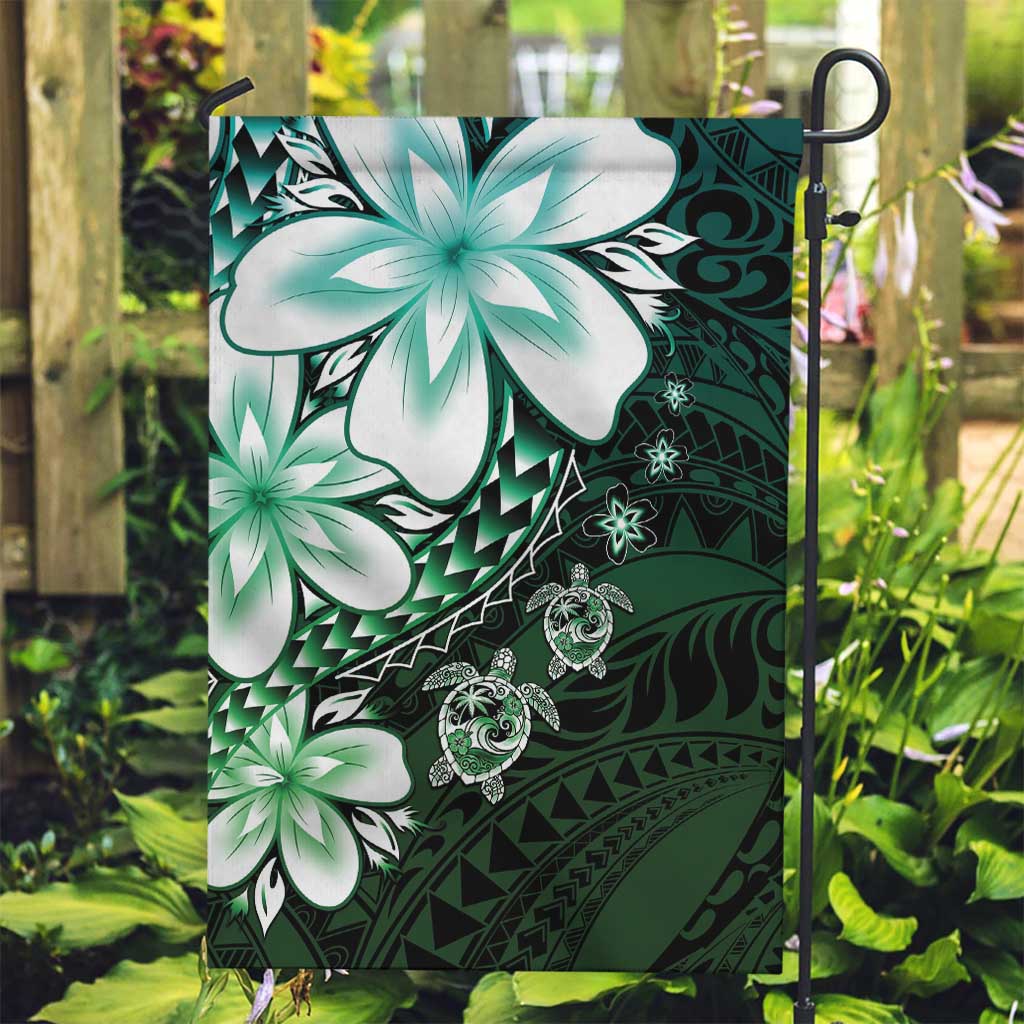 Polynesia Romantic Valentine Garden Flag Sea Turtle Couple With Aqua Gradient Plumeria LT05 Garden Flag Aqua - Polynesian Pride