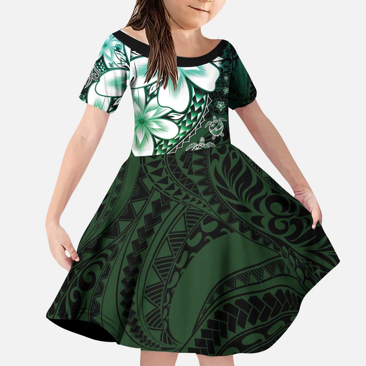 Polynesia Romantic Valentine Kid Short Sleeve Dress Sea Turtle Couple With Aqua Gradient Plumeria
