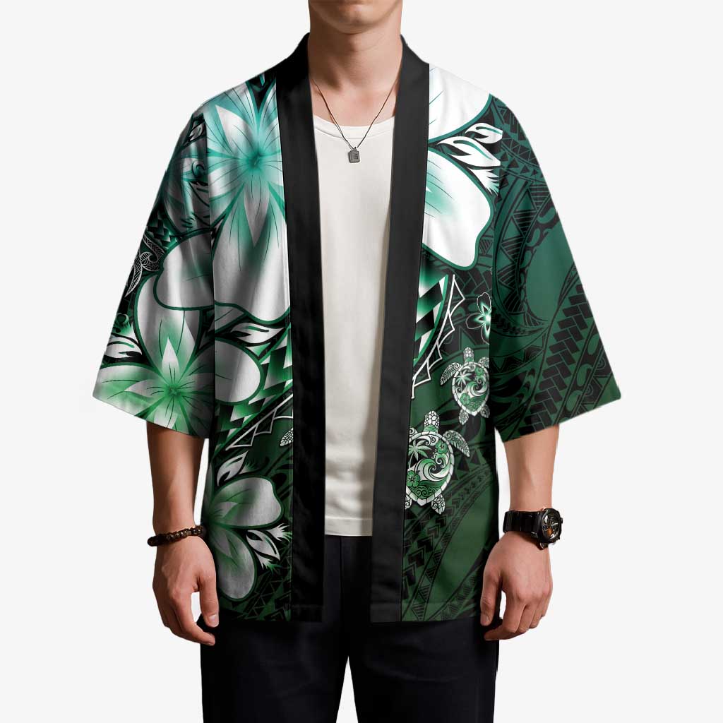 Polynesia Romantic Valentine Kimono Sea Turtle Couple With Aqua Gradient Plumeria
