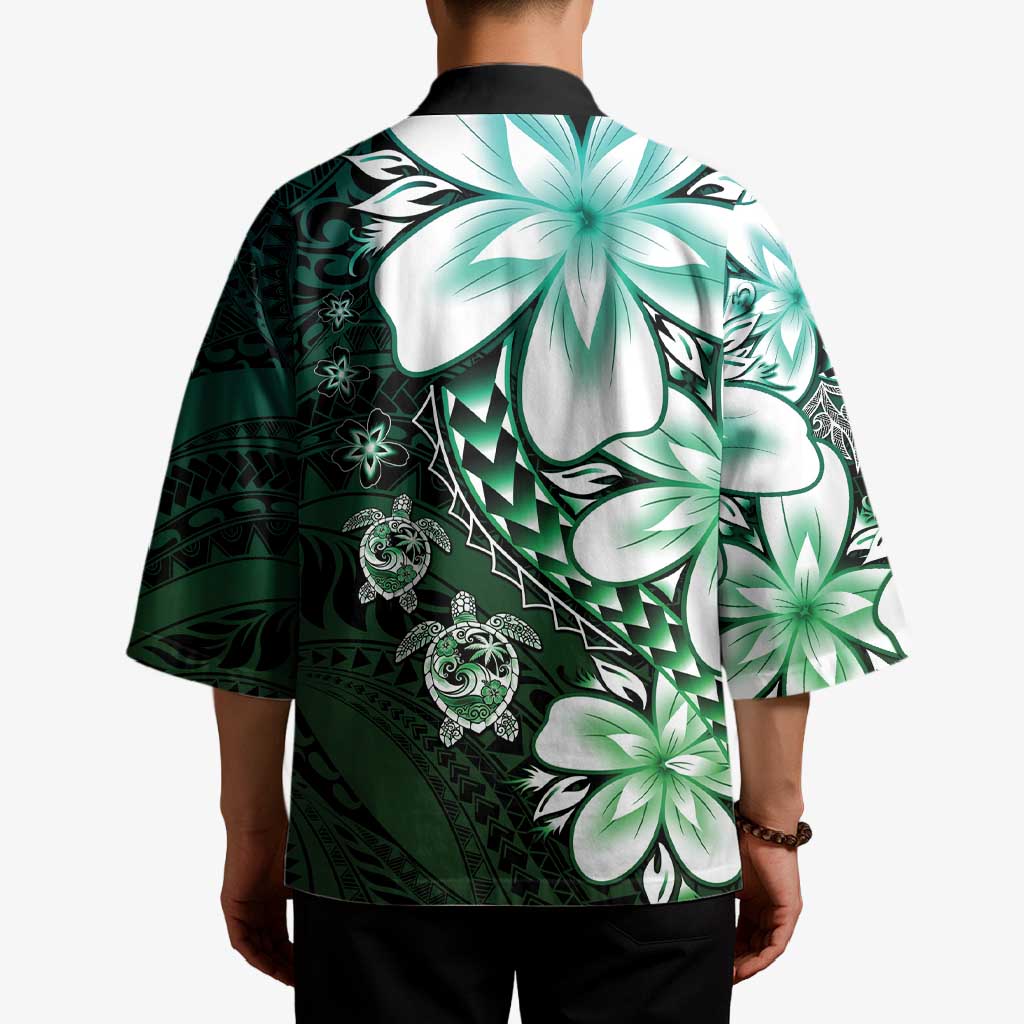 Polynesia Romantic Valentine Kimono Sea Turtle Couple With Aqua Gradient Plumeria