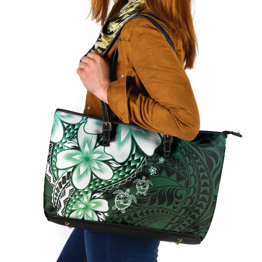 Polynesia Romantic Valentine Leather Tote Bag Sea Turtle Couple With Aqua Gradient Plumeria