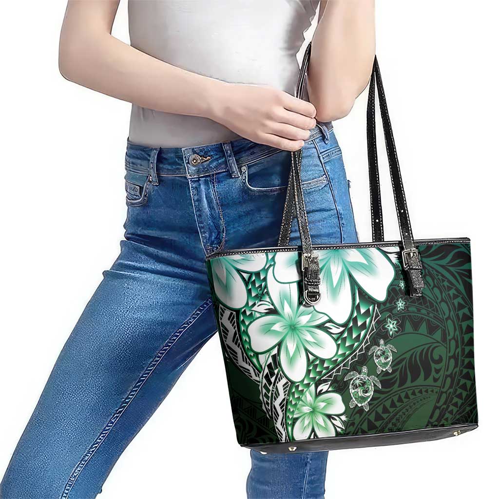 Polynesia Romantic Valentine Leather Tote Bag Sea Turtle Couple With Aqua Gradient Plumeria