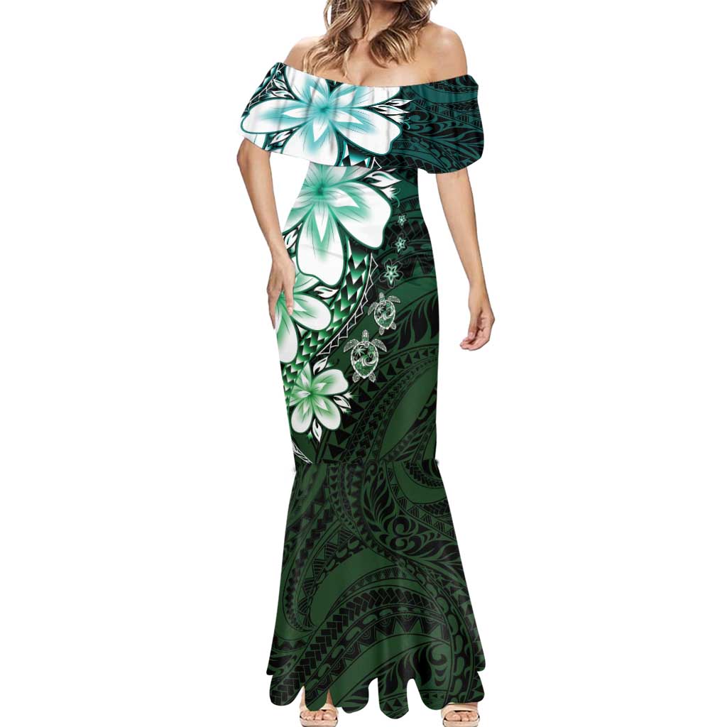 Polynesia Romantic Valentine Mermaid Dress Sea Turtle Couple With Aqua Gradient Plumeria