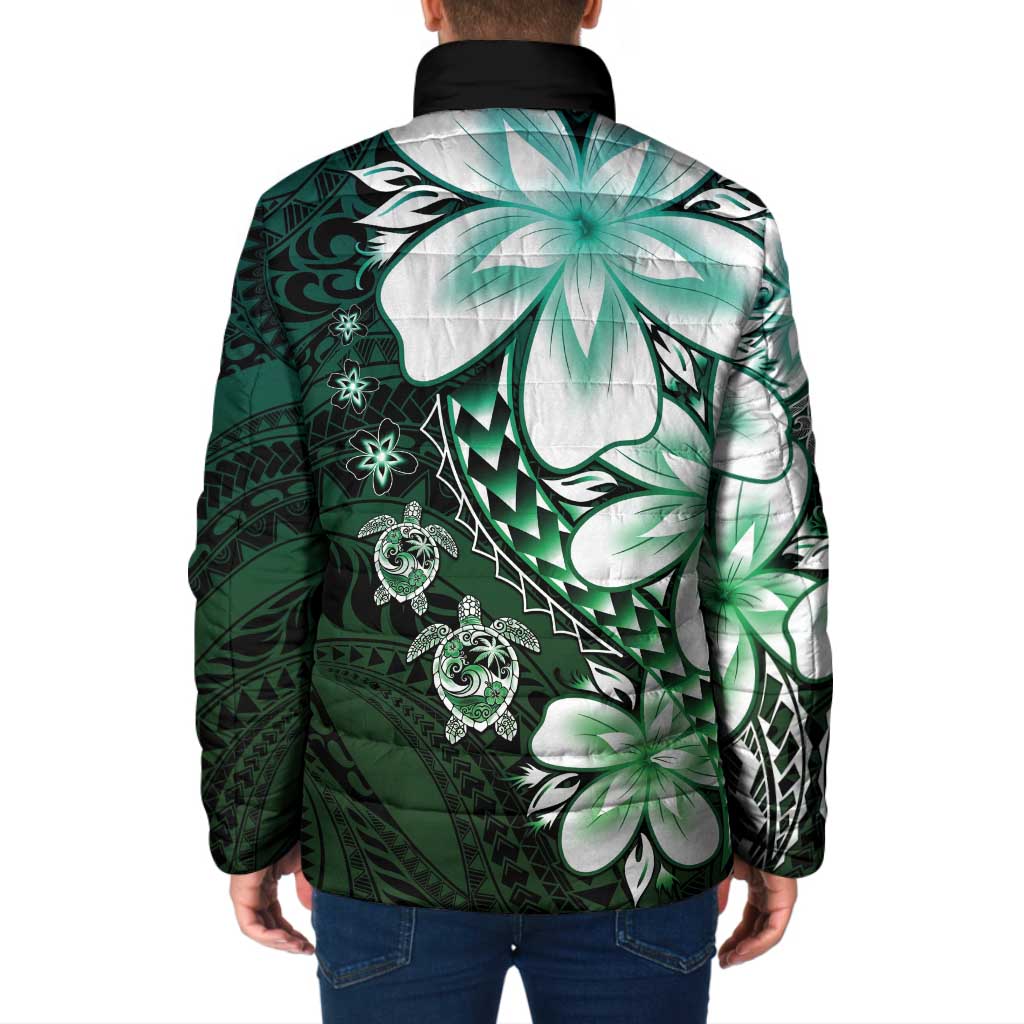 Polynesia Romantic Valentine Padded Jacket Sea Turtle Couple With Aqua Gradient Plumeria