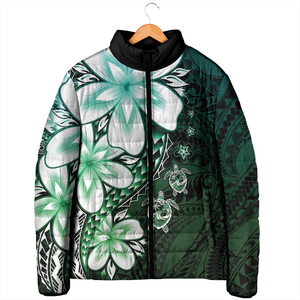 Polynesia Romantic Valentine Padded Jacket Sea Turtle Couple With Aqua Gradient Plumeria