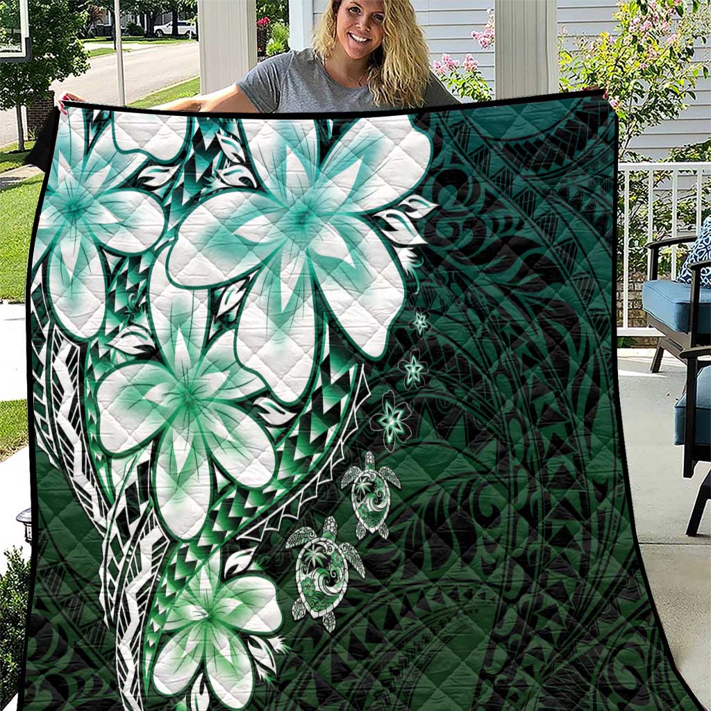 Polynesia Romantic Valentine Quilt Sea Turtle Couple With Aqua Gradient Plumeria