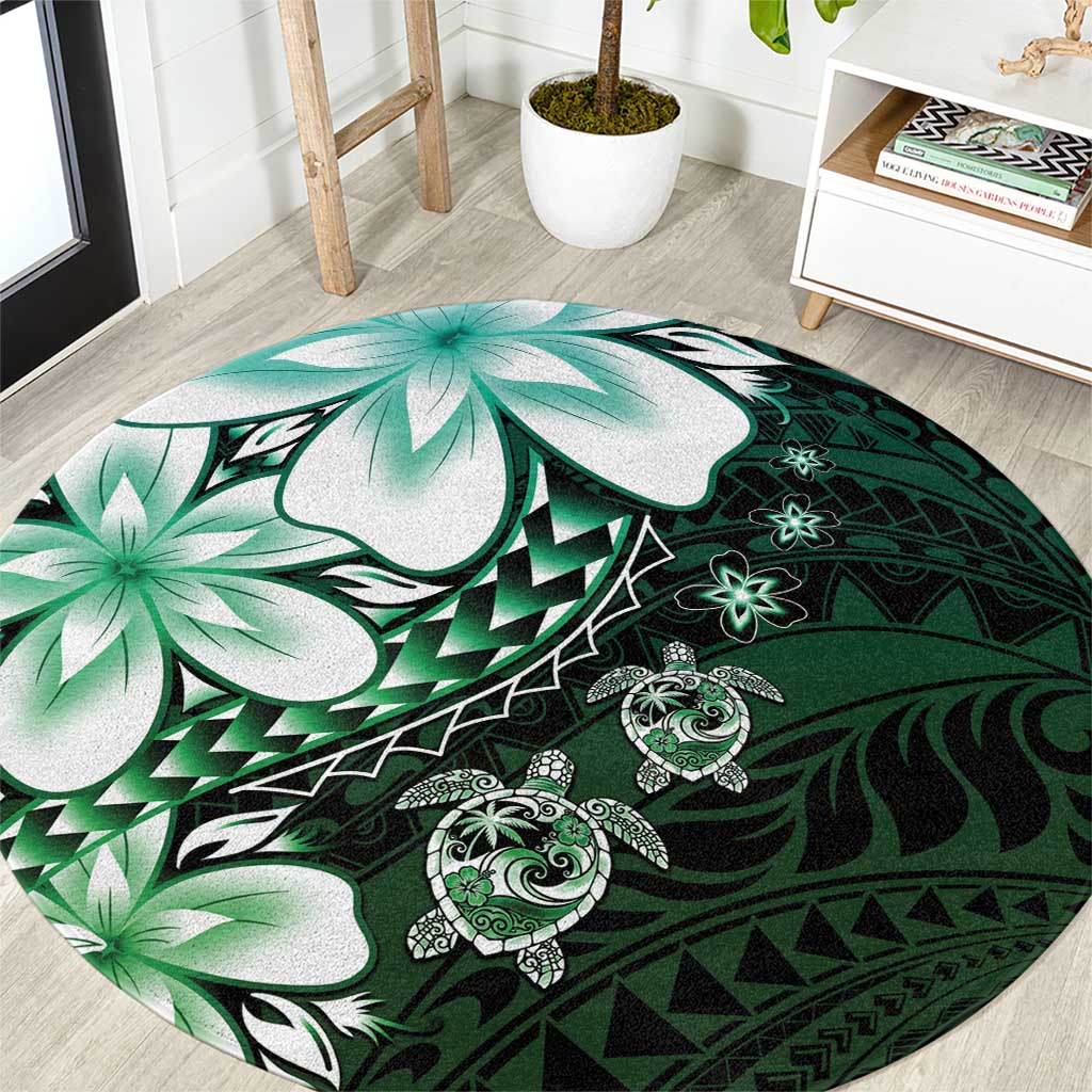 Polynesia Romantic Valentine Round Carpet Sea Turtle Couple With Aqua Gradient Plumeria