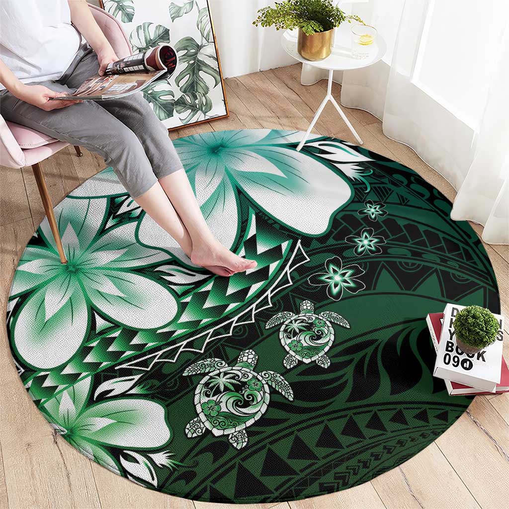 Polynesia Romantic Valentine Round Carpet Sea Turtle Couple With Aqua Gradient Plumeria