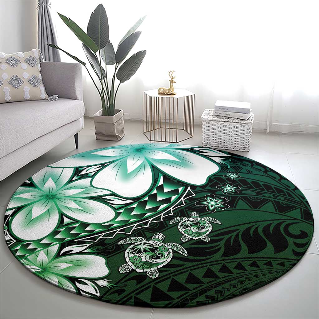 Polynesia Romantic Valentine Round Carpet Sea Turtle Couple With Aqua Gradient Plumeria