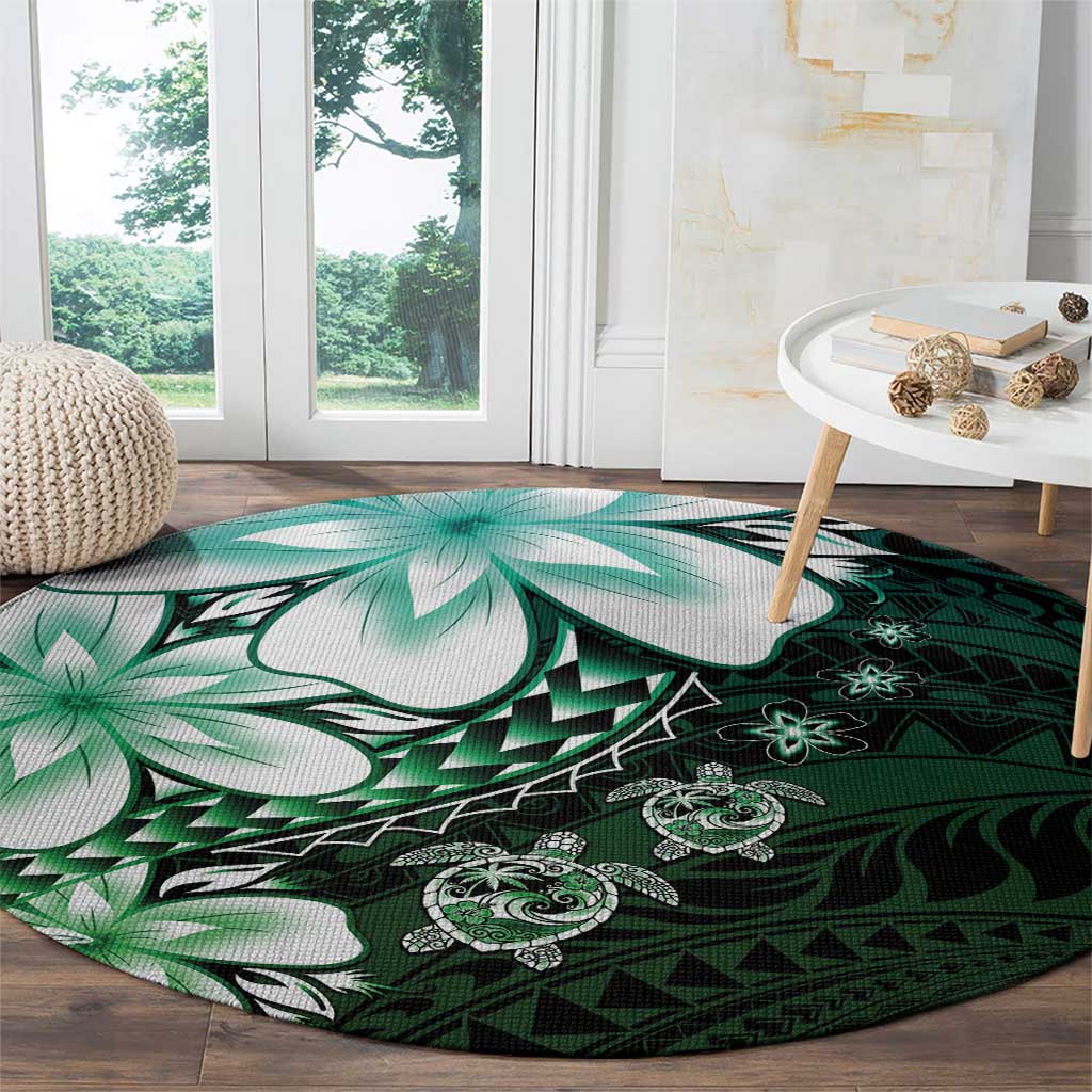 Polynesia Romantic Valentine Round Carpet Sea Turtle Couple With Aqua Gradient Plumeria