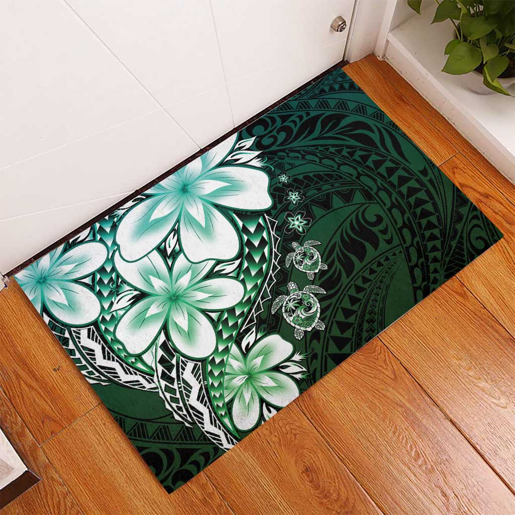 Polynesia Romantic Valentine Rubber Doormat Sea Turtle Couple With Aqua Gradient Plumeria