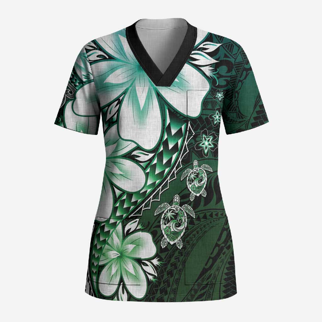 Polynesia Romantic Valentine Scrub Top Sea Turtle Couple With Aqua Gradient Plumeria