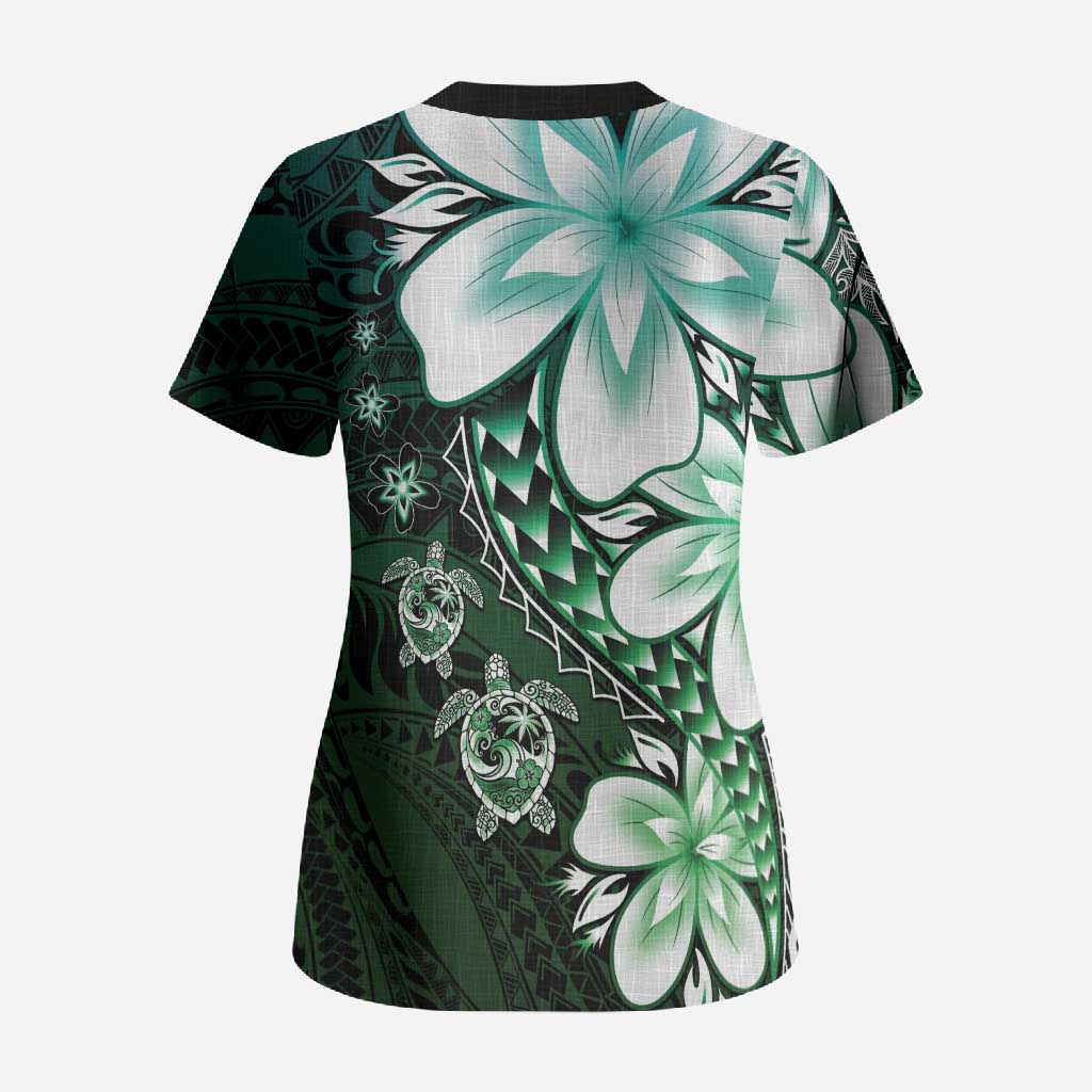 Polynesia Romantic Valentine Scrub Top Sea Turtle Couple With Aqua Gradient Plumeria