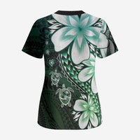Polynesia Romantic Valentine Scrub Top Sea Turtle Couple With Aqua Gradient Plumeria
