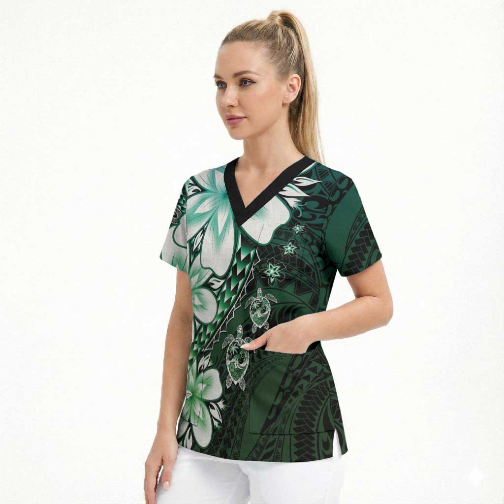 Polynesia Romantic Valentine Scrub Top Sea Turtle Couple With Aqua Gradient Plumeria