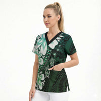Polynesia Romantic Valentine Scrub Top Sea Turtle Couple With Aqua Gradient Plumeria