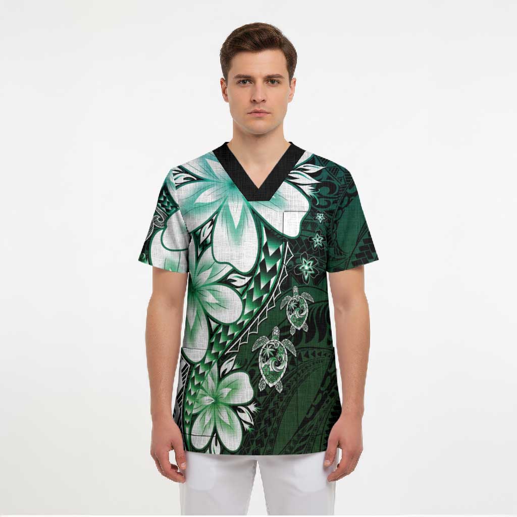 Polynesia Romantic Valentine Scrub Top Sea Turtle Couple With Aqua Gradient Plumeria