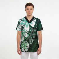Polynesia Romantic Valentine Scrub Top Sea Turtle Couple With Aqua Gradient Plumeria