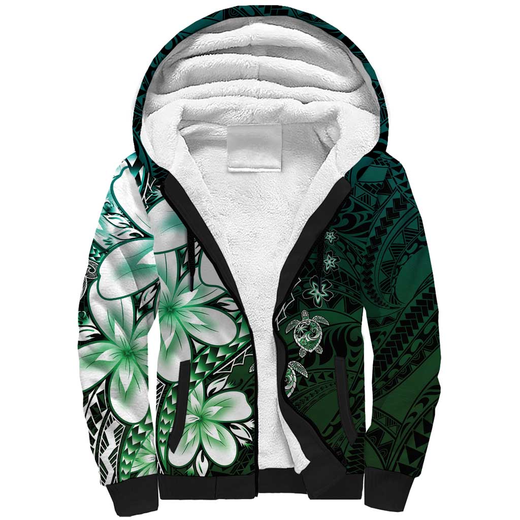 Polynesia Romantic Valentine Sherpa Hoodie Sea Turtle Couple With Aqua Gradient Plumeria