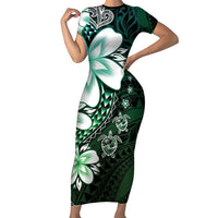 Polynesia Romantic Valentine Short Sleeve Bodycon Dress Sea Turtle Couple With Aqua Gradient Plumeria