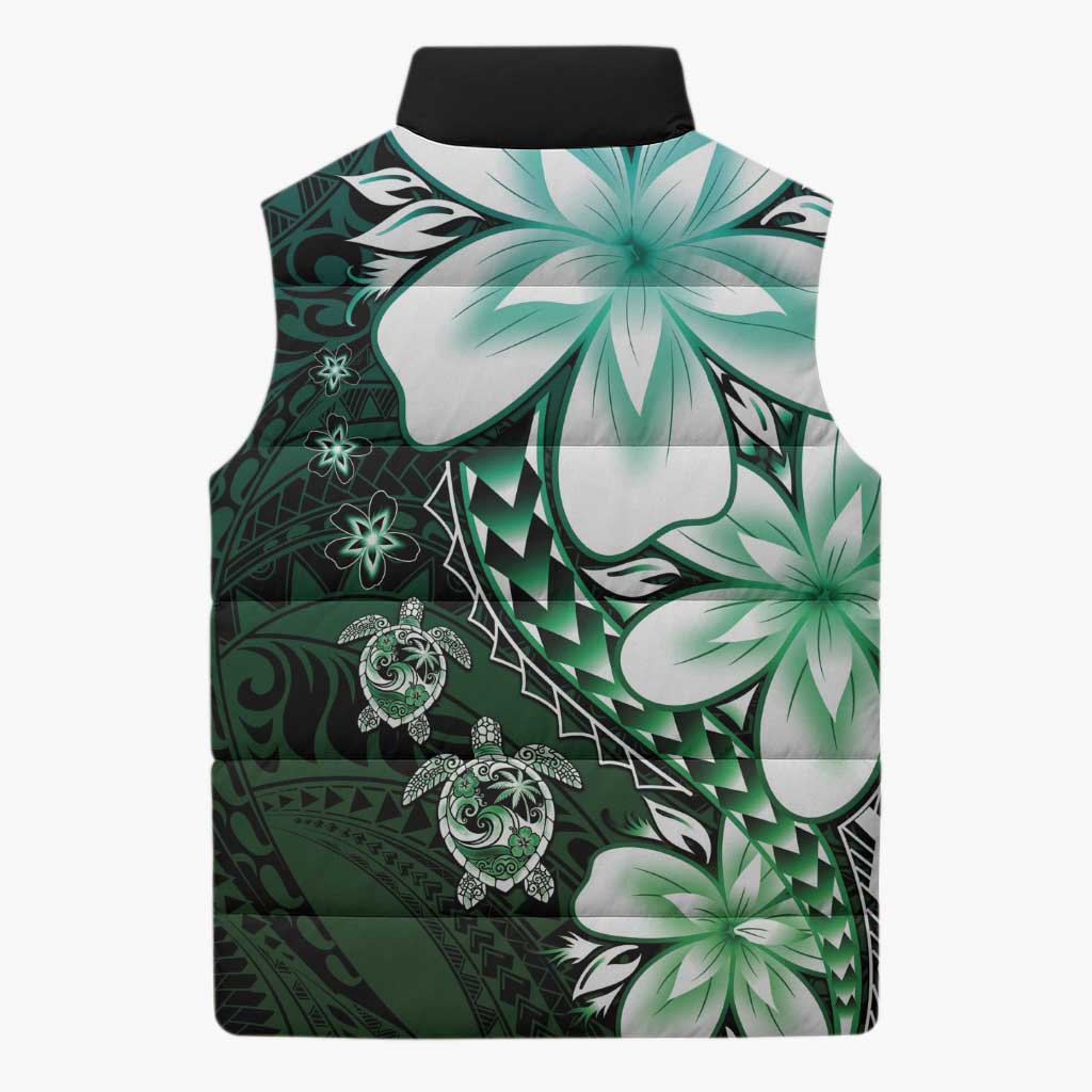 Polynesia Romantic Valentine Sleeveless Puffer Jacket Sea Turtle Couple With Aqua Gradient Plumeria
