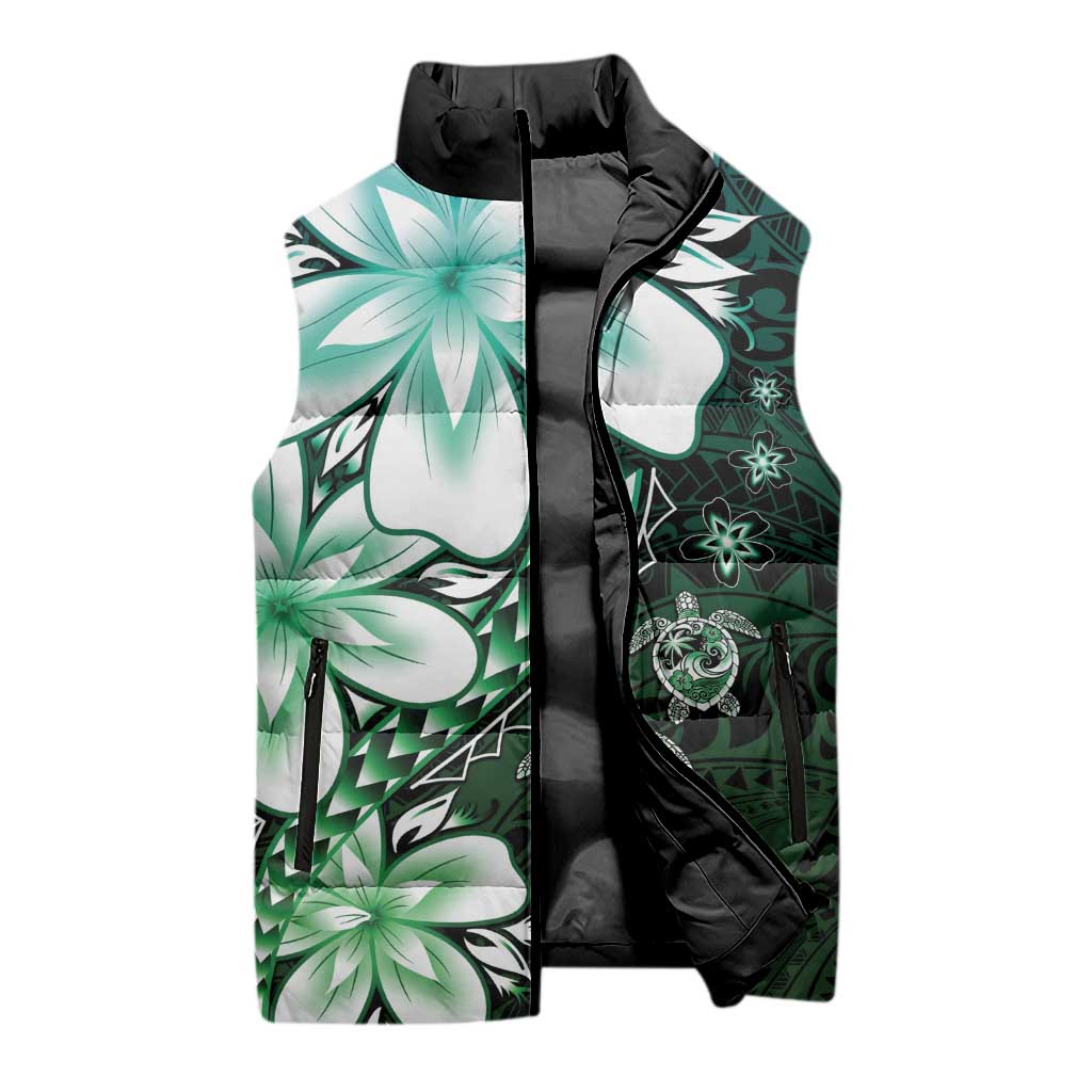 Polynesia Romantic Valentine Sleeveless Puffer Jacket Sea Turtle Couple With Aqua Gradient Plumeria