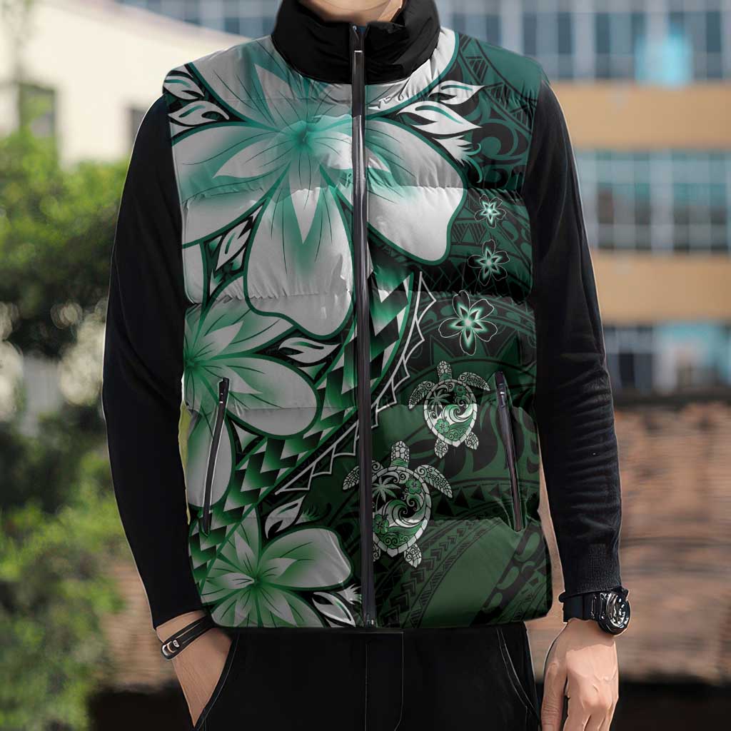 Polynesia Romantic Valentine Sleeveless Puffer Jacket Sea Turtle Couple With Aqua Gradient Plumeria