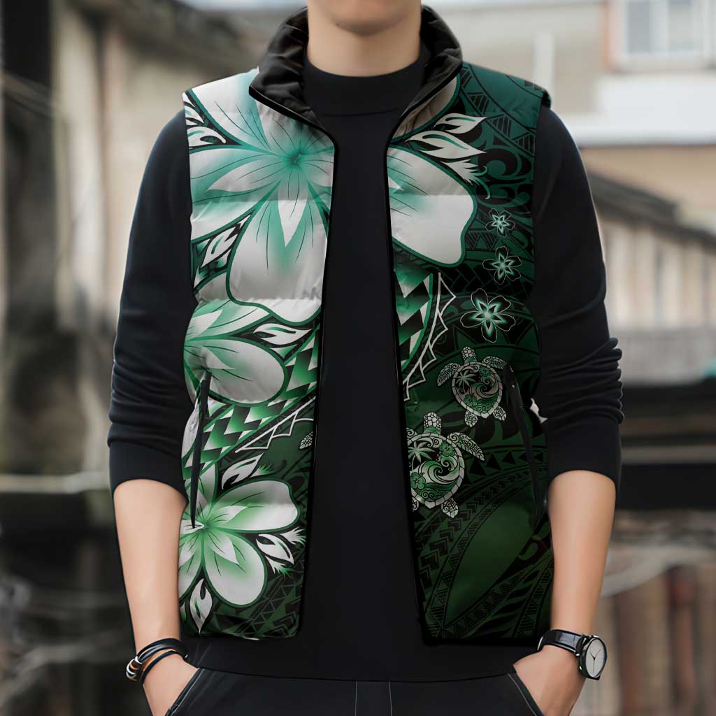 Polynesia Romantic Valentine Sleeveless Puffer Jacket Sea Turtle Couple With Aqua Gradient Plumeria