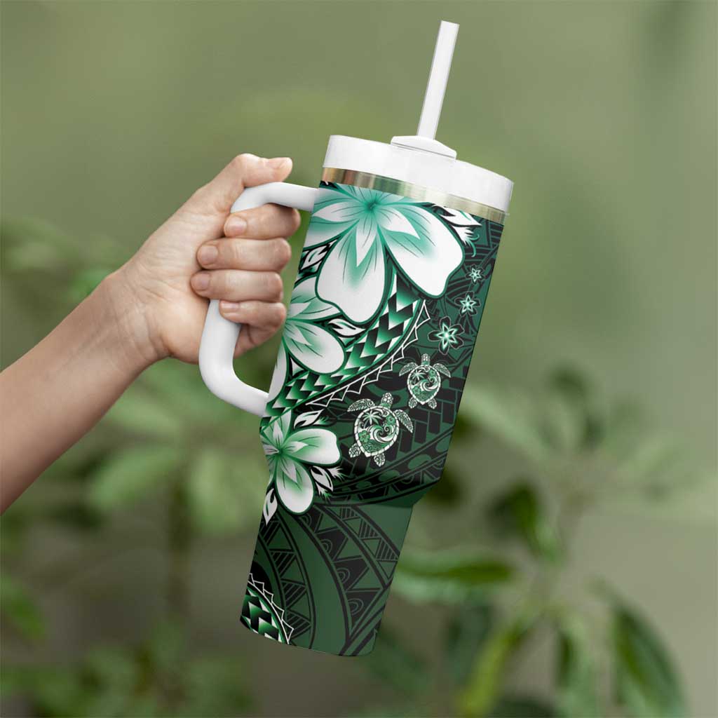 Polynesia Romantic Valentine Tumbler With Handle Sea Turtle Couple With Aqua Gradient Plumeria