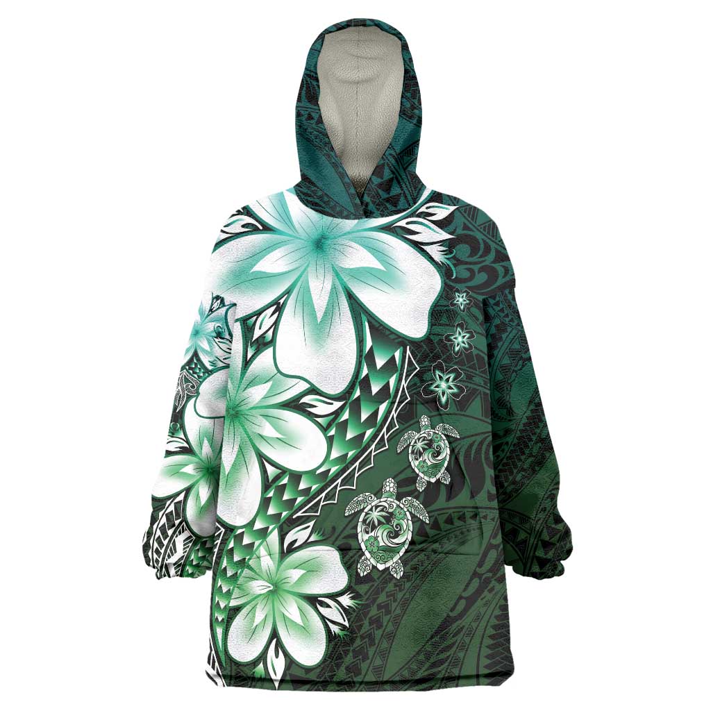 Polynesia Romantic Valentine Wearable Blanket Hoodie Sea Turtle Couple With Aqua Gradient Plumeria