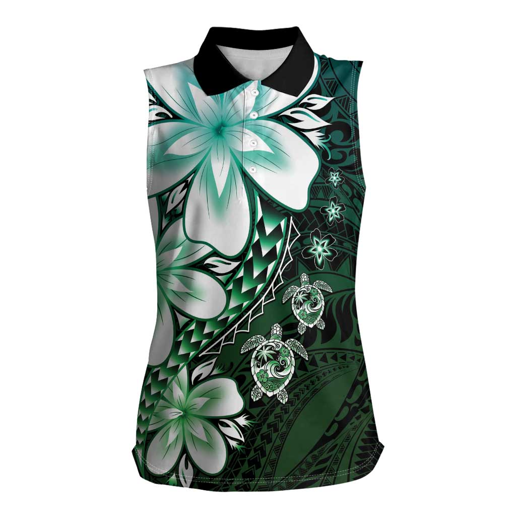 Polynesia Romantic Valentine Women Sleeveless Polo Shirt Sea Turtle Couple With Aqua Gradient Plumeria LT05 Female Aqua - Polynesian Pride