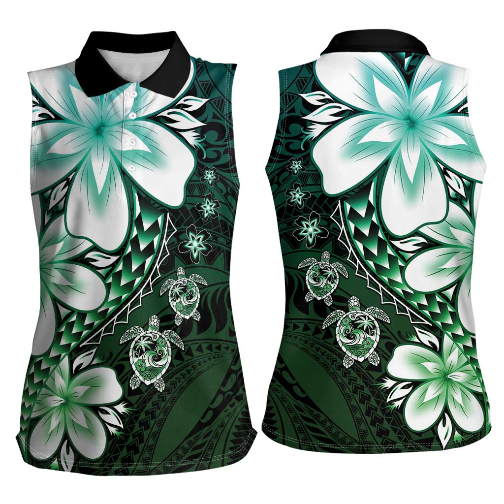 Polynesia Romantic Valentine Women Sleeveless Polo Shirt Sea Turtle Couple With Aqua Gradient Plumeria LT05 - Polynesian Pride