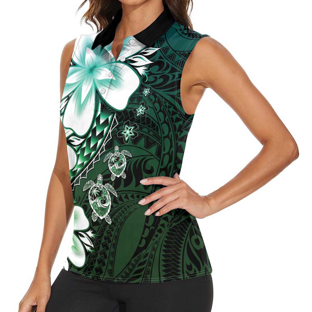 Polynesia Romantic Valentine Women Sleeveless Polo Shirt Sea Turtle Couple With Aqua Gradient Plumeria LT05 - Polynesian Pride