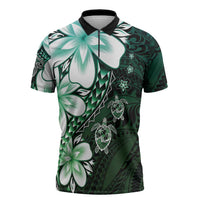 Polynesia Romantic Valentine Zipper Polo Shirt Sea Turtle Couple With Aqua Gradient Plumeria LT05 Aqua - Polynesian Pride