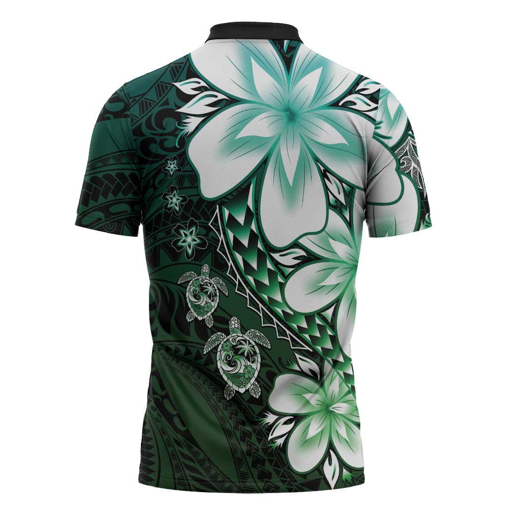 Polynesia Romantic Valentine Zipper Polo Shirt Sea Turtle Couple With Aqua Gradient Plumeria LT05 - Polynesian Pride