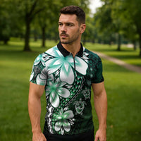 Polynesia Romantic Valentine Zipper Polo Shirt Sea Turtle Couple With Aqua Gradient Plumeria LT05 - Polynesian Pride