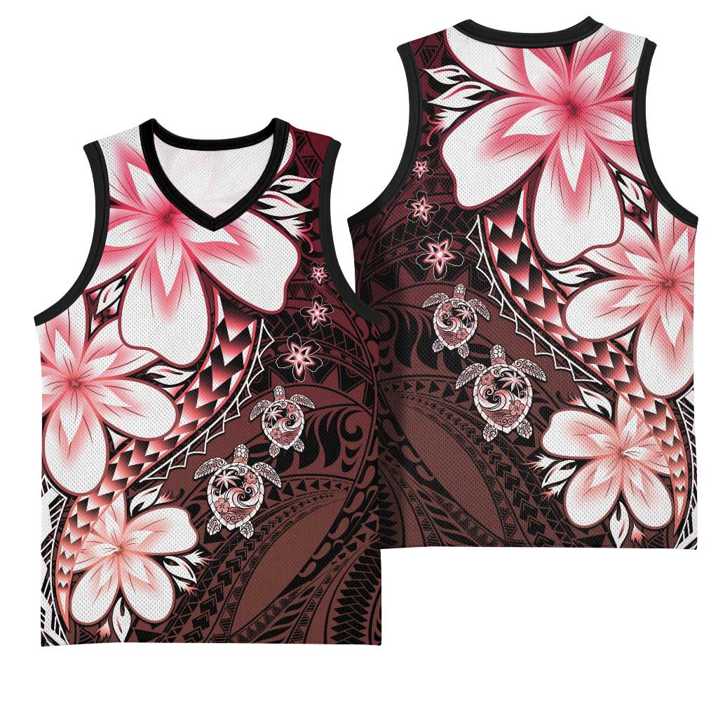 Polynesia Romantic Valentine Basketball Jersey Sea Turtle Couple With Red Gradient Plumeria