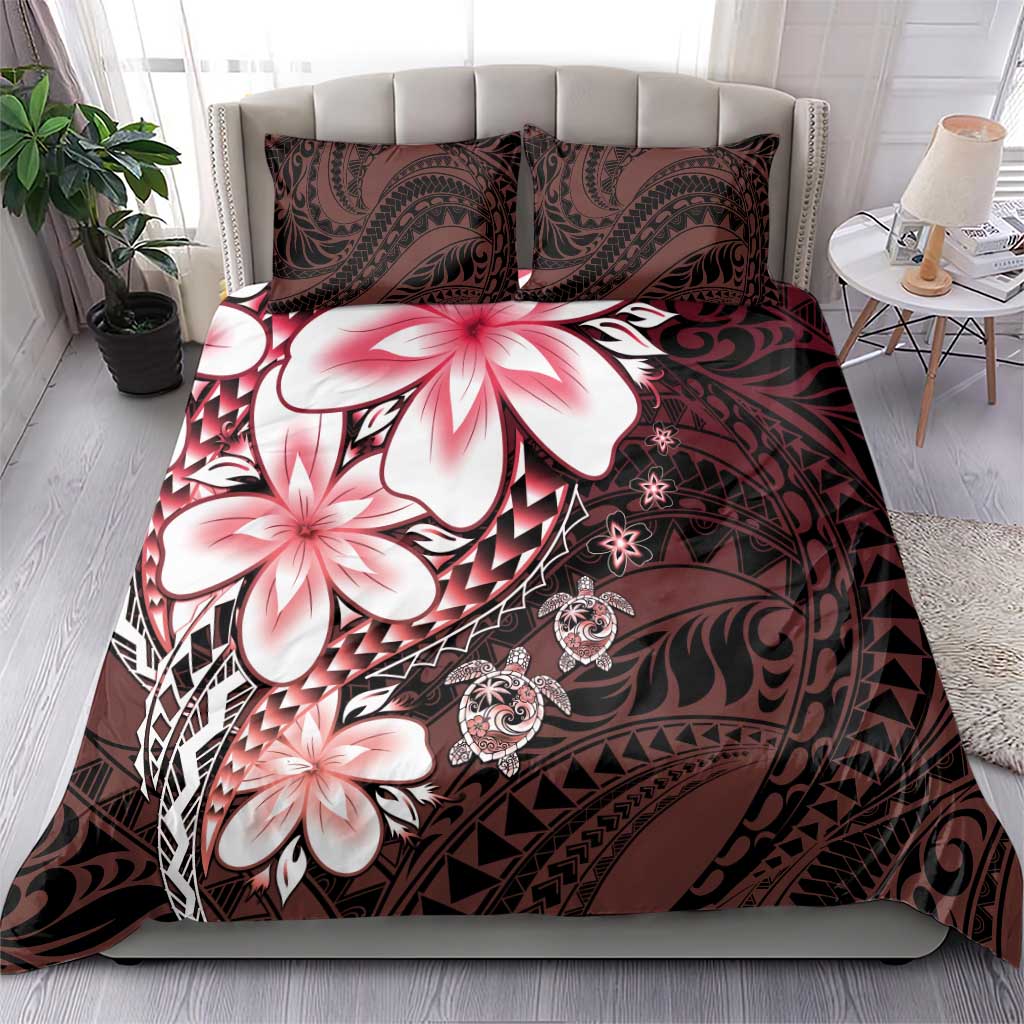 Polynesia Romantic Valentine Bedding Set Sea Turtle Couple With Red Gradient Plumeria