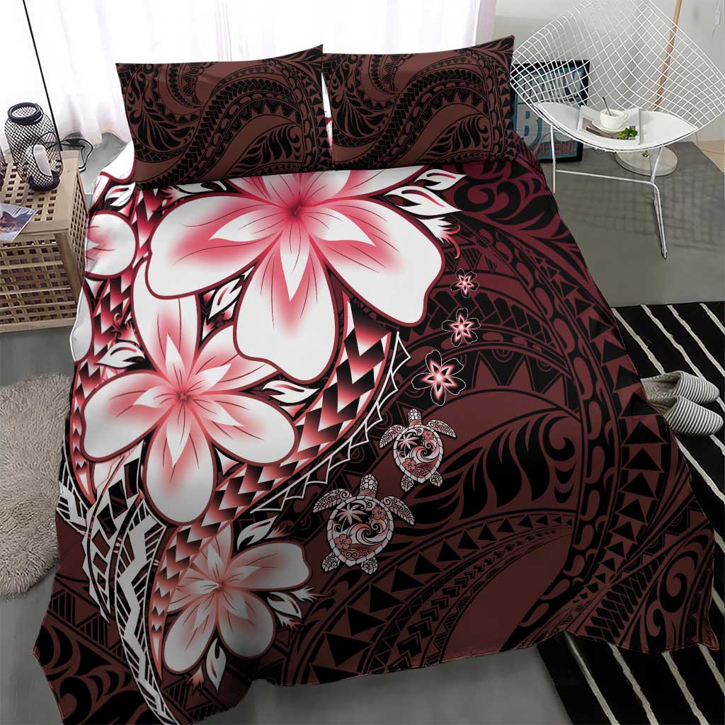 Polynesia Romantic Valentine Bedding Set Sea Turtle Couple With Red Gradient Plumeria