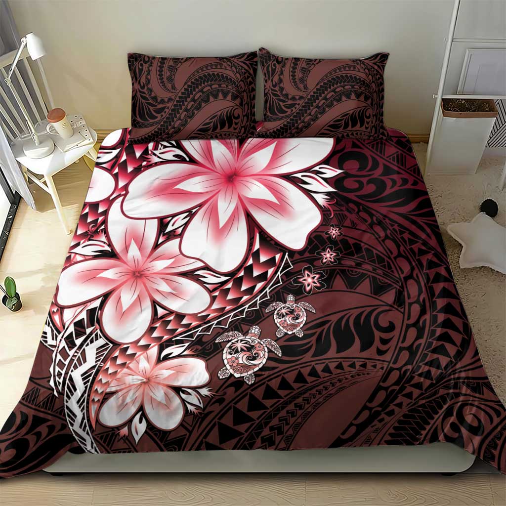Polynesia Romantic Valentine Bedding Set Sea Turtle Couple With Red Gradient Plumeria